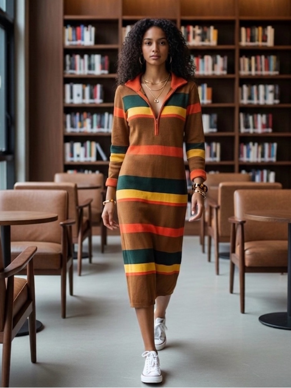 Primi Striped Knit Midi Dress Brown Orange Zip Front Bodycon Retro 70s Style